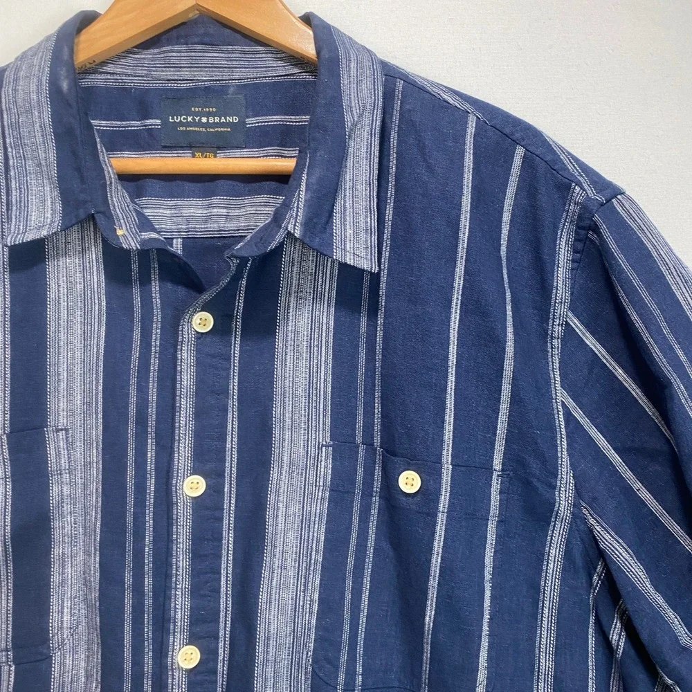 Lucky Brand Linen Blend Stripe Short Sleeve Button Up Mens XL Navy White Shirt - Picture 1 of 9